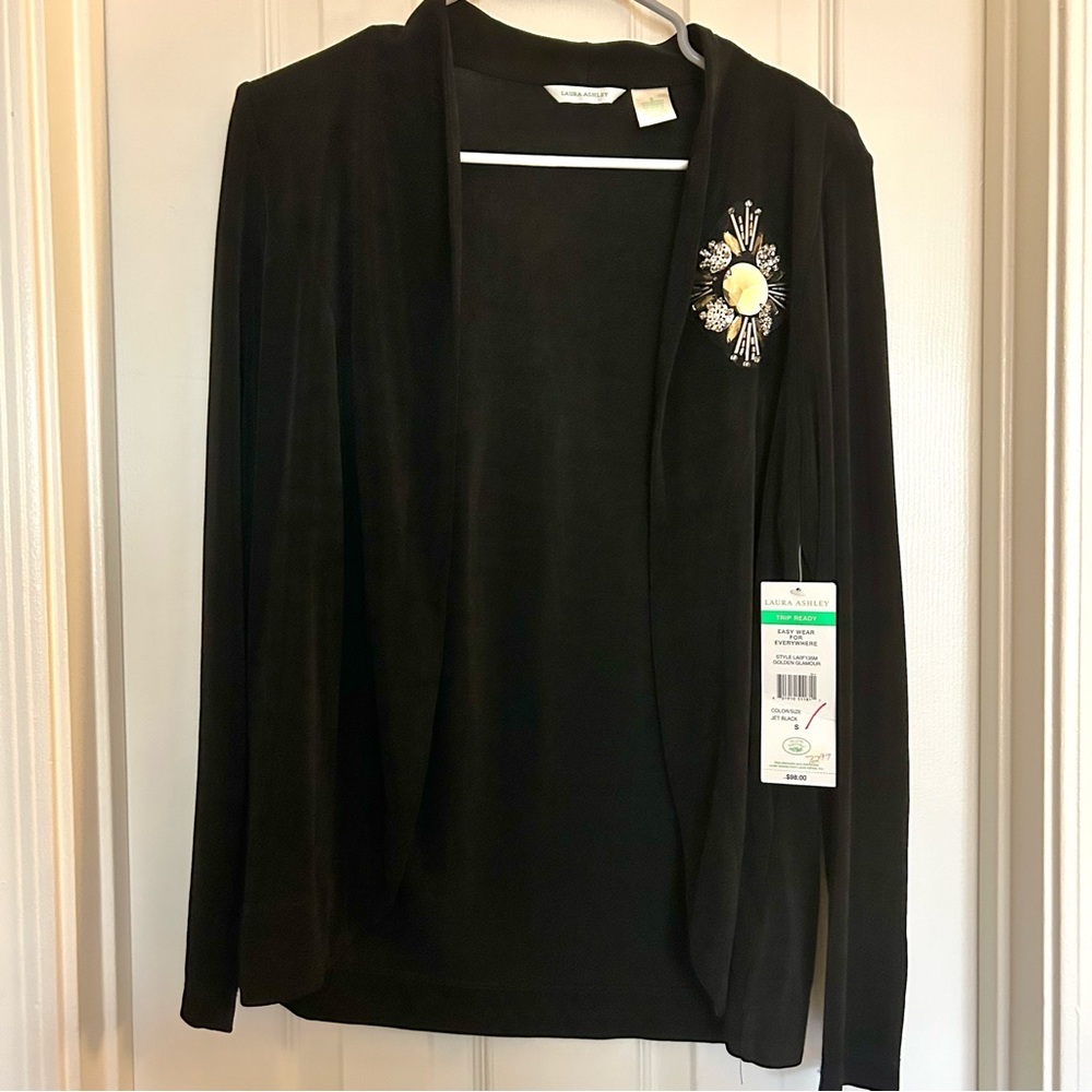 NWT Laura Ashley Black "Trip Ready" Open Front Cardigan with statement beaded
